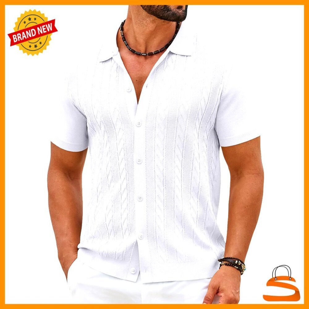Vintage Knit Button Down Shirt Casual Retro Summer Beach Vacation Tops